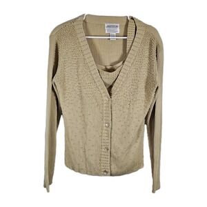 Vintage Sideffects Tan Beaded Cardigan And Tank Size XL Stretchy Ribbed Fabric